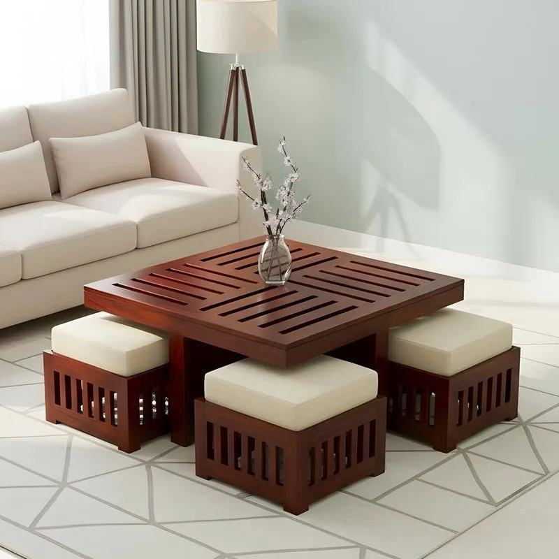 Gaviron Sheesham Wooden Center Table with Stools and Cushions (Red) - Nine Piece Set media 1