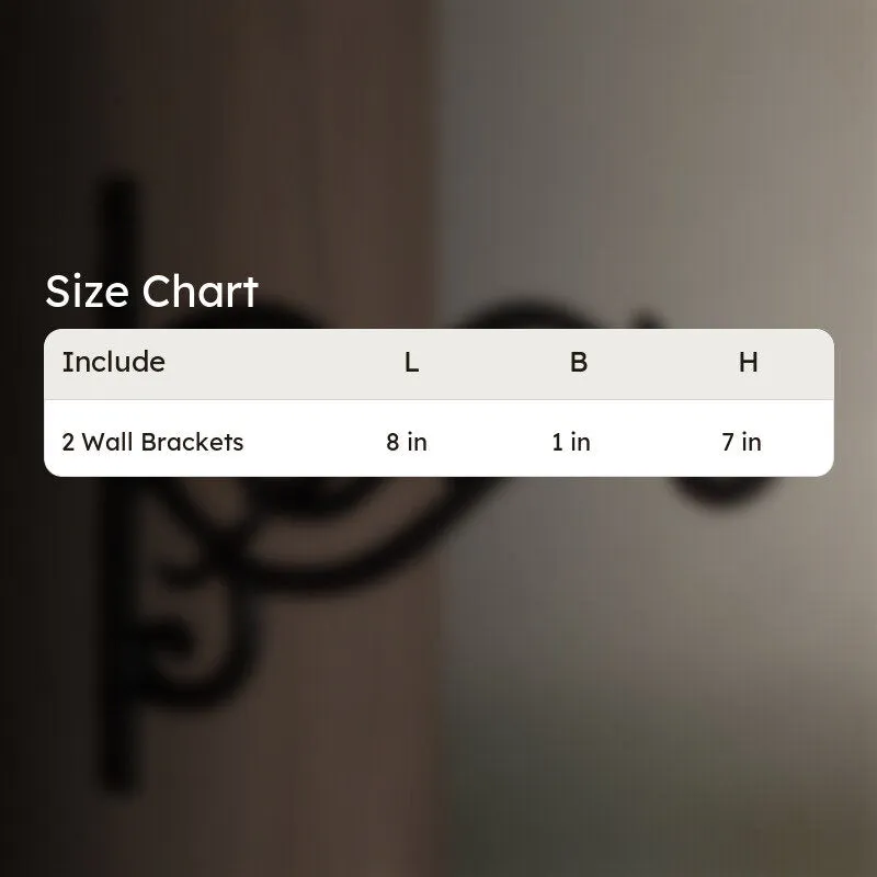 Black wall bracket shown with a size chart.