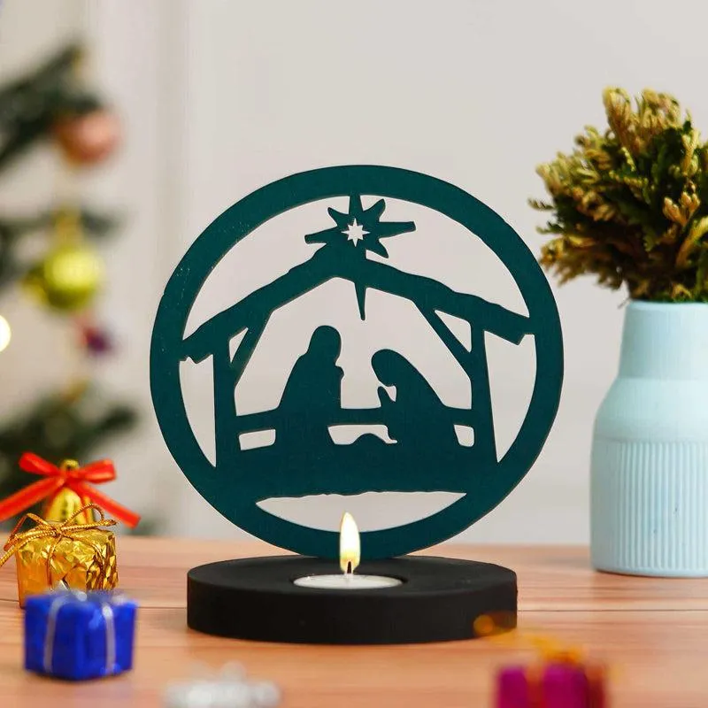 Manger Light Wood Christmas Tea Light Holder - Green media 3