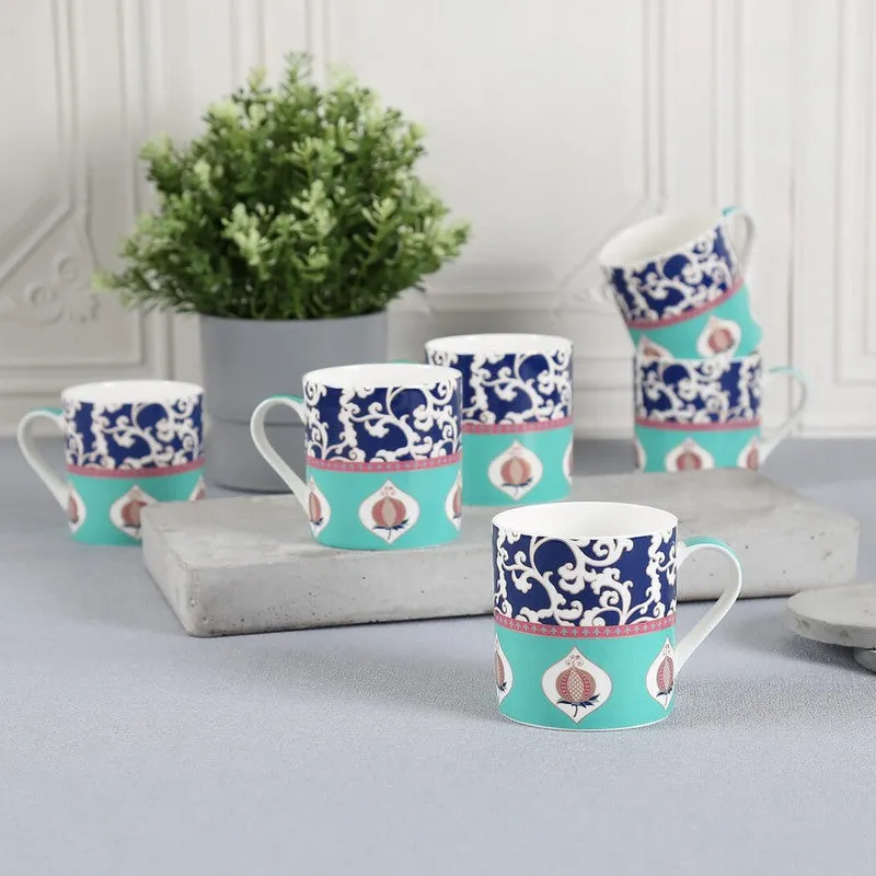 India Circus Bone China Tea Cup (220 mL Each),Blue,Green) - Set Of Six media 1