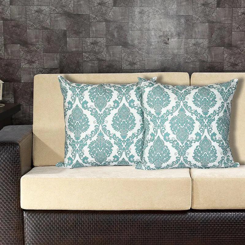 Tameira Jacquered Motif Printed Cushion Cover (Teal) - Set Of Two media 1