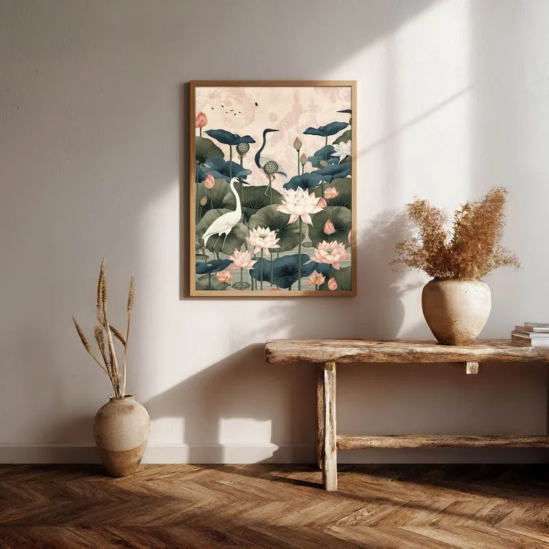 Lotus Garden Birds Canvas Wall Painting With Brown Frame media 5