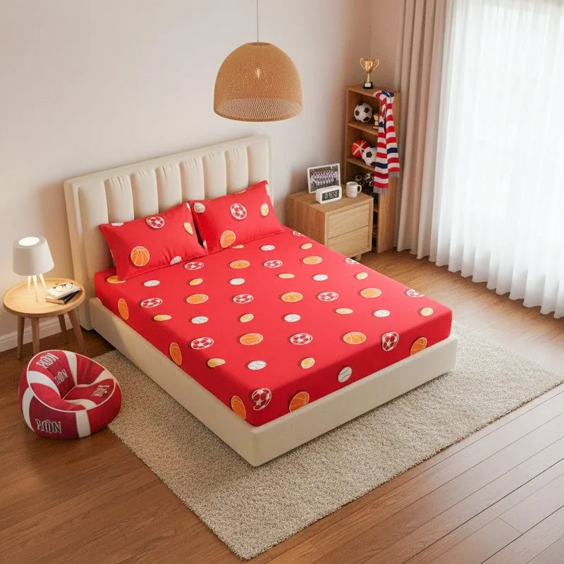Baseball Dreams Kids Neon Print Cotton Bedsheet (Red) - 144 TC media 1