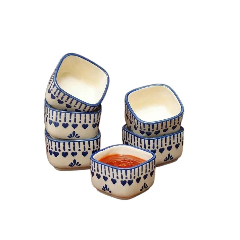 MonoServe Ceramic Dip Bowls (Blue,White ,40 mL Each) - Set Of Six media 3