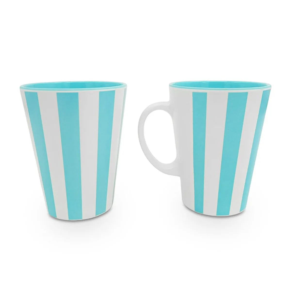 Two aqua-and-white striped mugs photographed from front and side angles