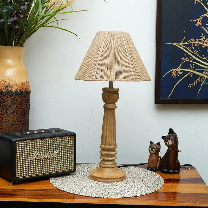 Amber Weave Wooden Base Cotton Table Lamp - Beige,Brown media 3