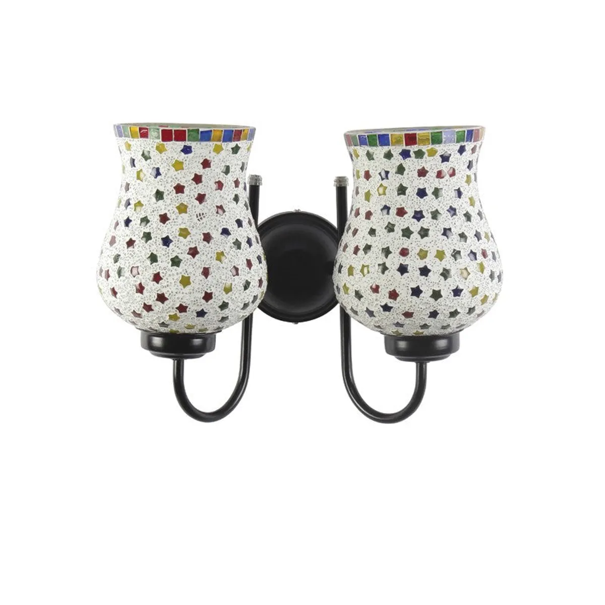 Studio view of dual wall lamp with white and multicolour mosaic glass shades