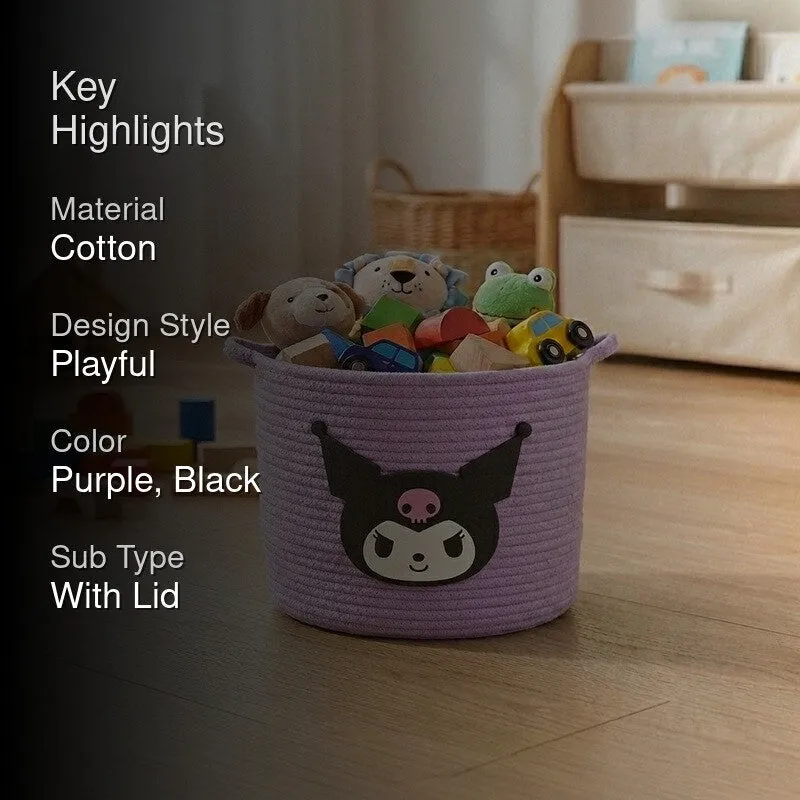 Purple kids storage basket with text highlights over a room background
