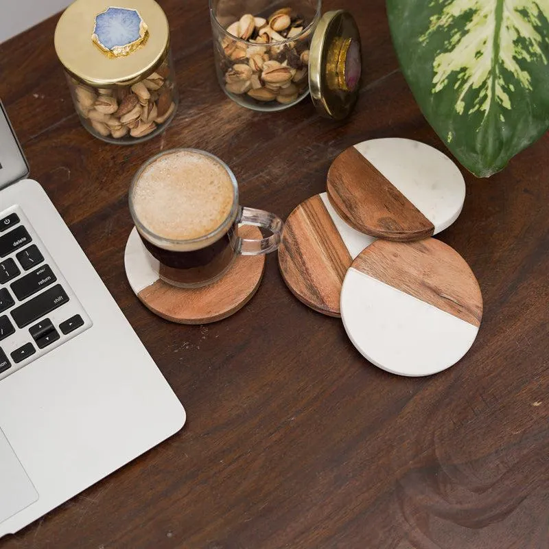 Losa Handmade Round Marble And Wooden Coaster - Set Of Four media 3