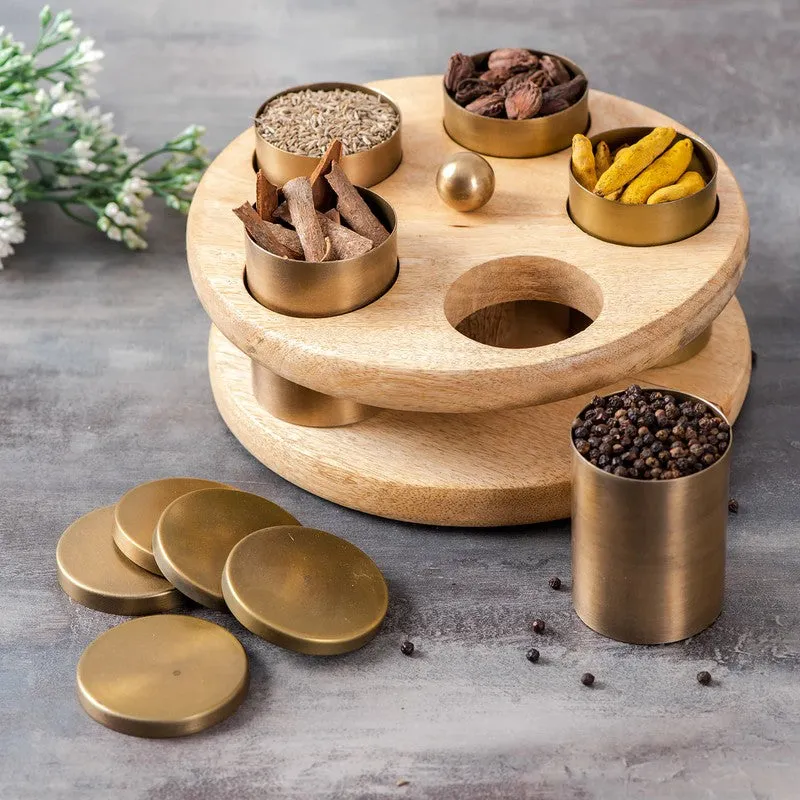 Elantra Teak Wood Round Masala Box - Three Piece Set media 4