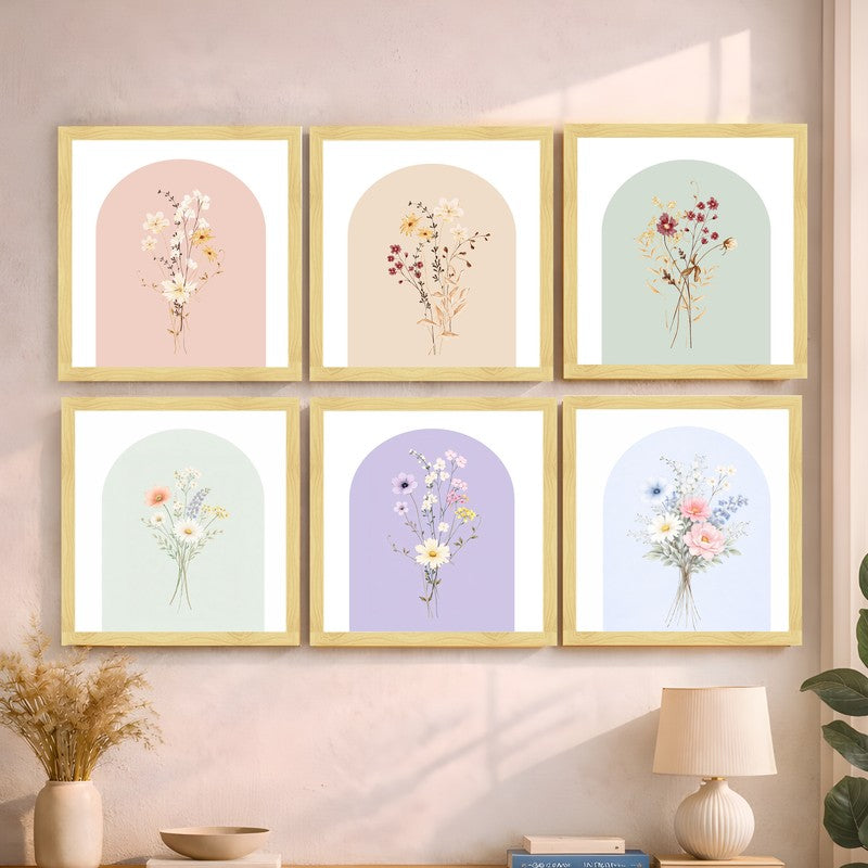 Subtle Flora Paper Wall Painting With Frame - Set Of Six