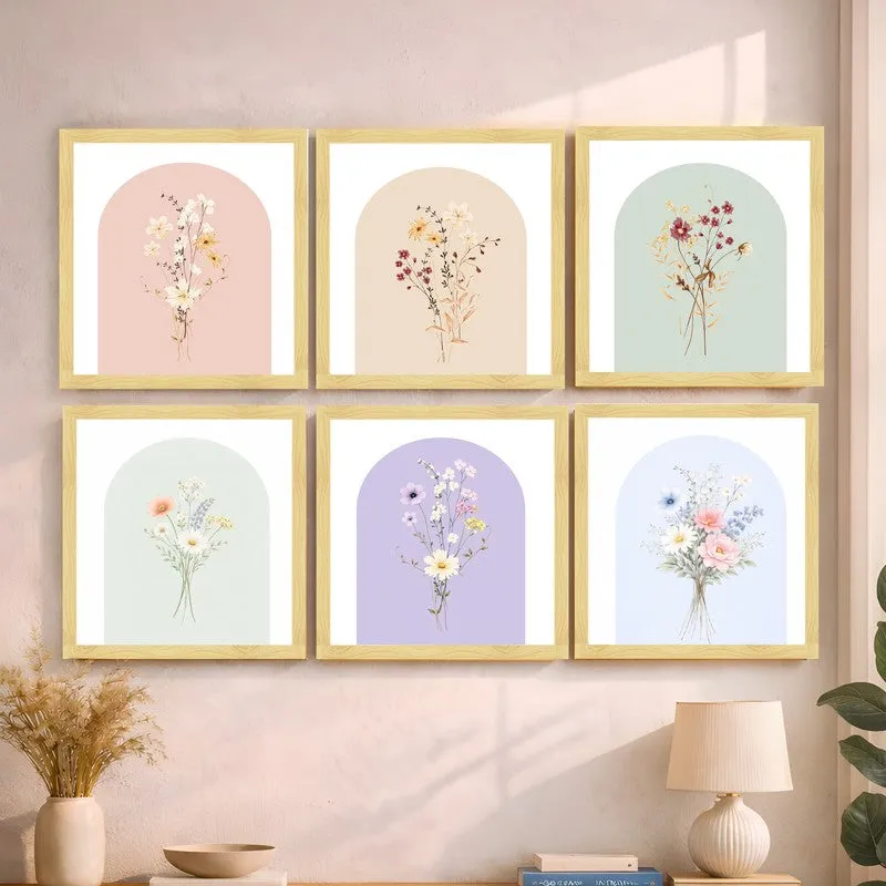 Subtle Flora Paper Wall Painting With Frame - Set Of Six media 1