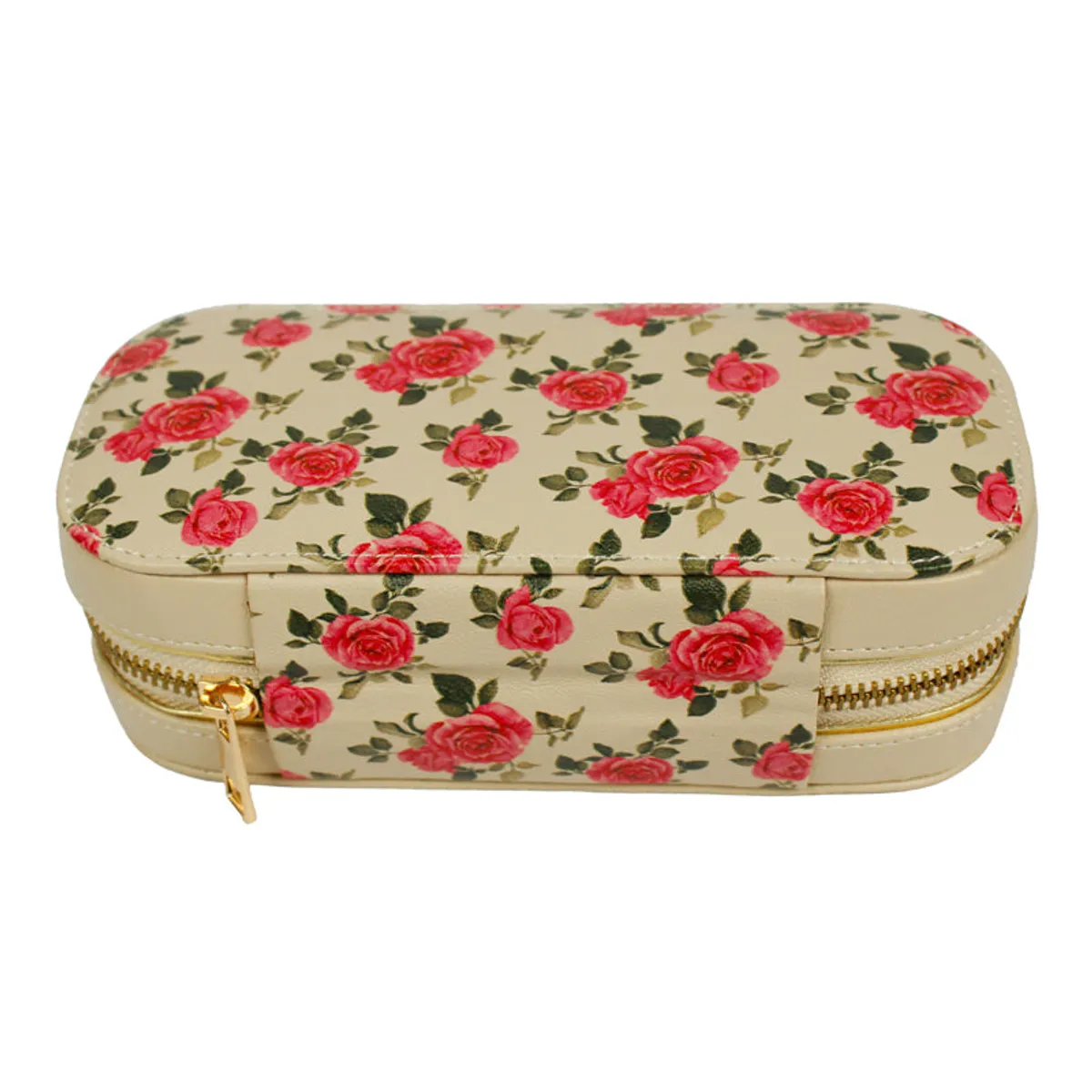 Front view of floral jewel box with gold-tone zip pull and rose print