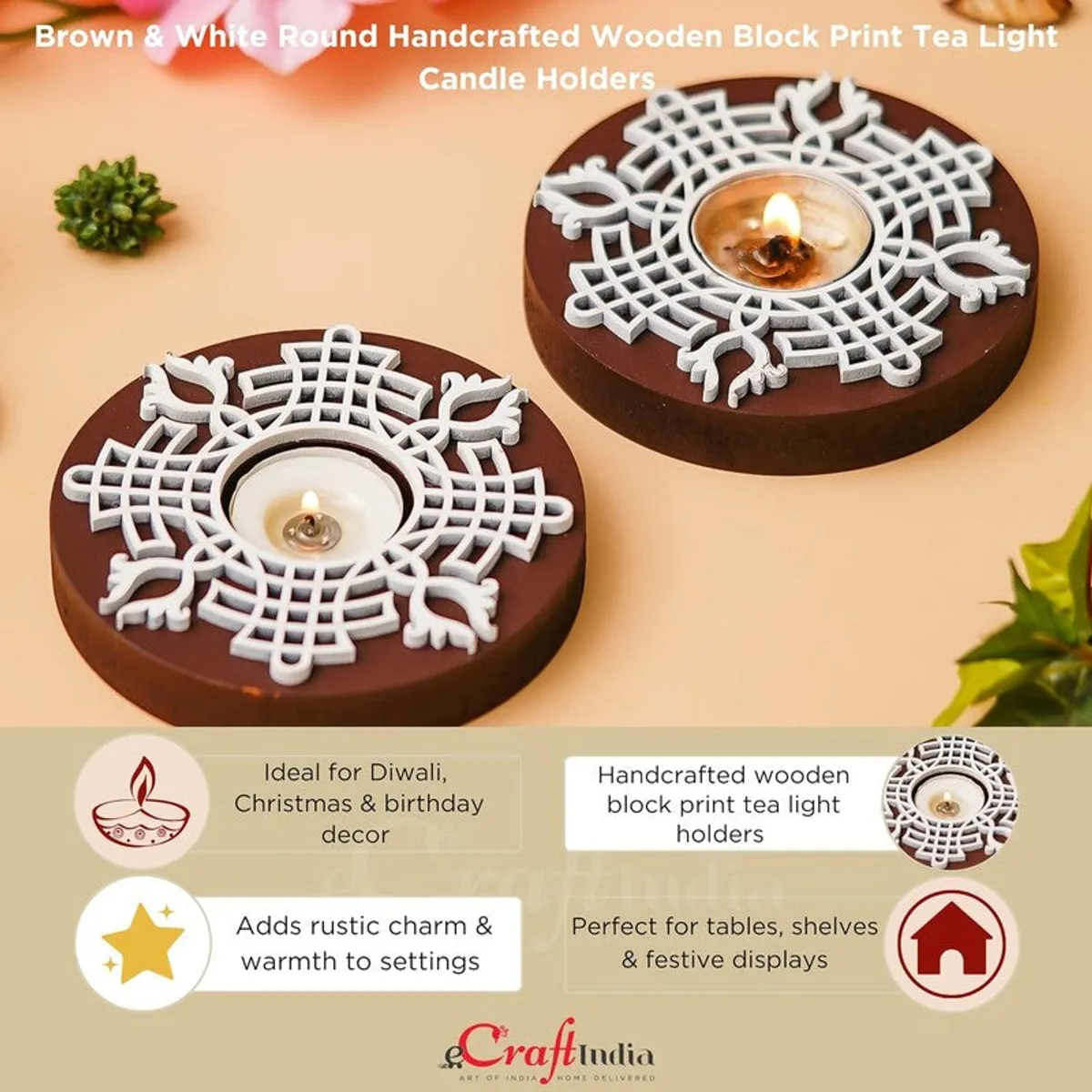 Close-up of two round wooden tea light holders with white patterned tops