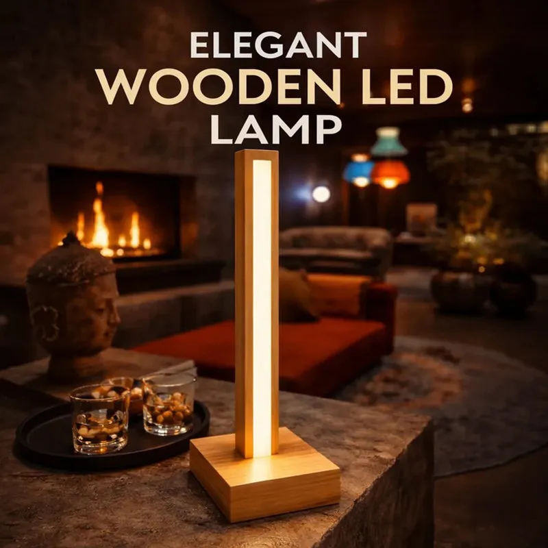 Modern Vertical Pine Wood LED Table Lamp - Brown media 6