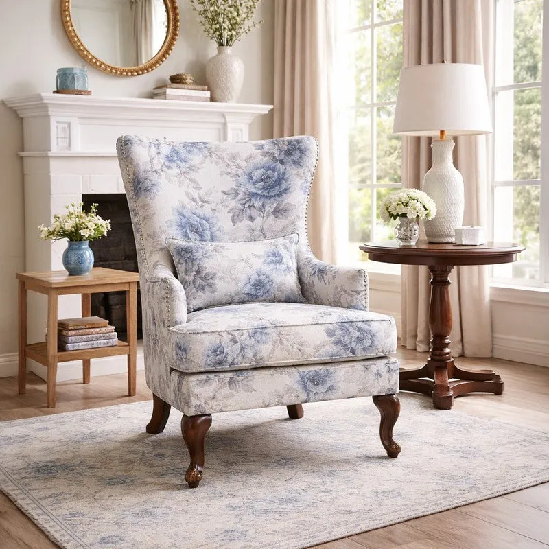 Florva Teak Wood & Velvet Printed Lounge Chair media 1