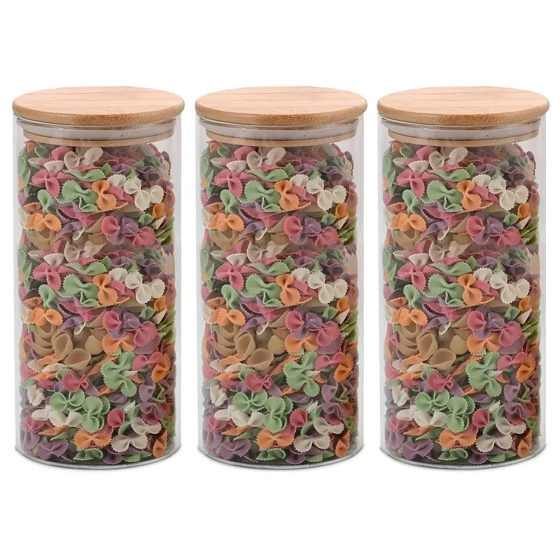 Three clear cylindrical glass jars with matching bamboo lids shown against a white background.