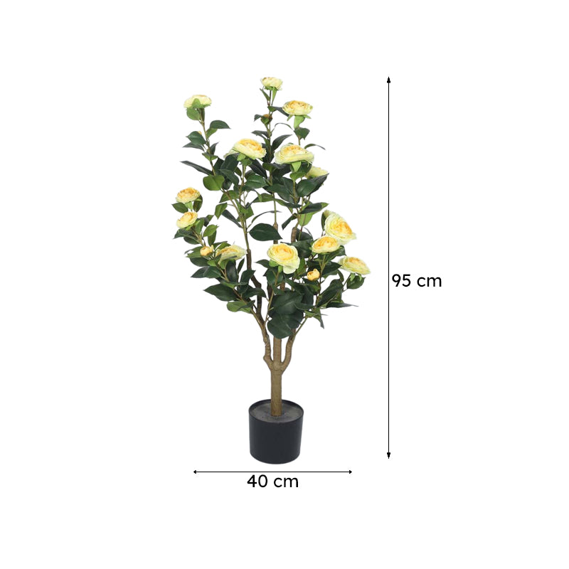 Faux Lush Mini Camellia Plant With Black Plastic Pot -  Yellow & Green-  3.1 Feet media 7
