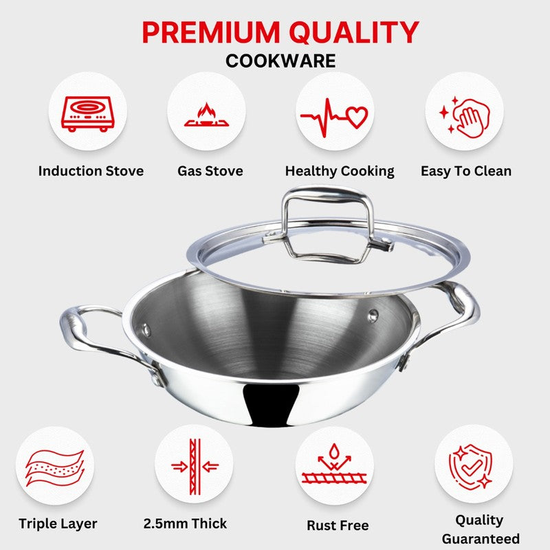 Vinod Stainless Steel Kadhai With Lid- 3200 mL/14 Inches media 7