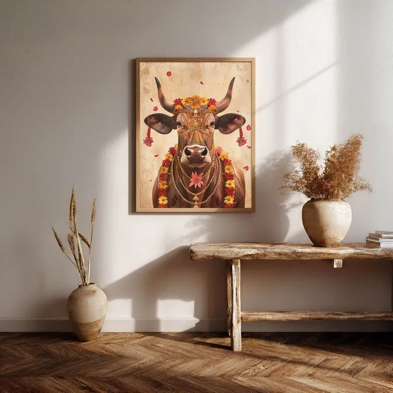 Divine Cow Traditional Canvas Wall Painting With Brown Frame media 5