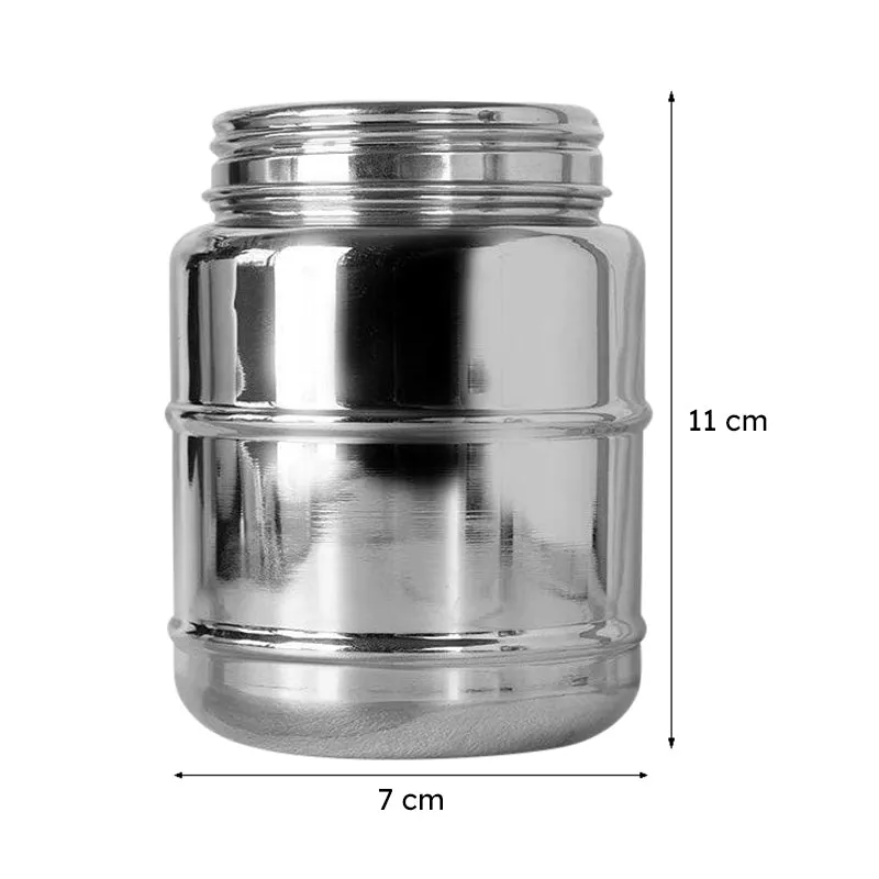 Single glossy silver storage container shown with height and width markings