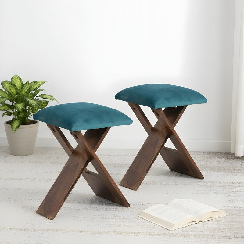 Grixo Sheesham Wooden Stools (Blue) - Set Of Two