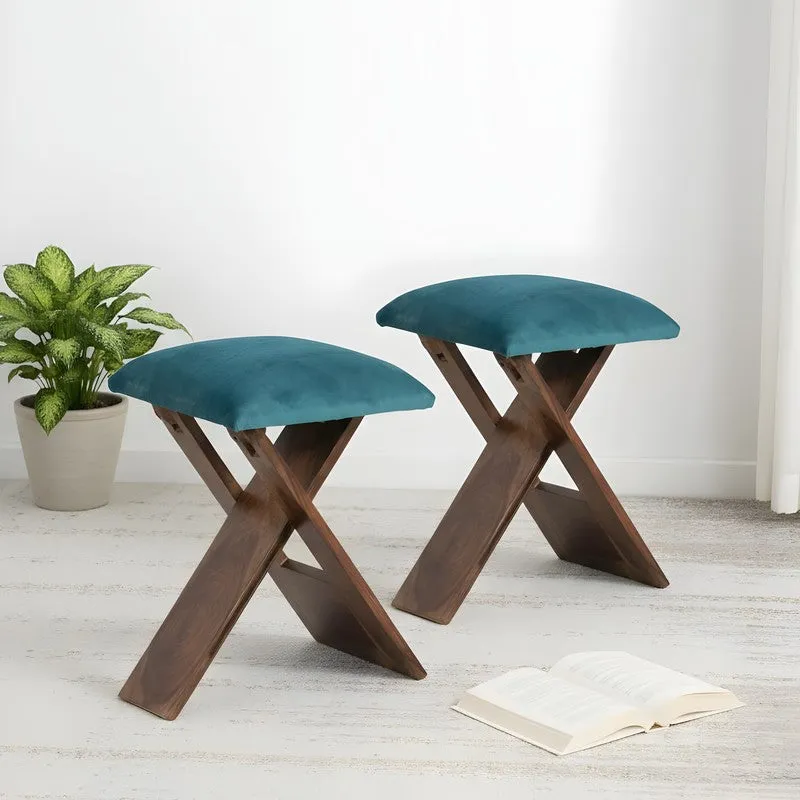 Grixo Sheesham Wooden Stools (Blue) - Set Of Two media 1