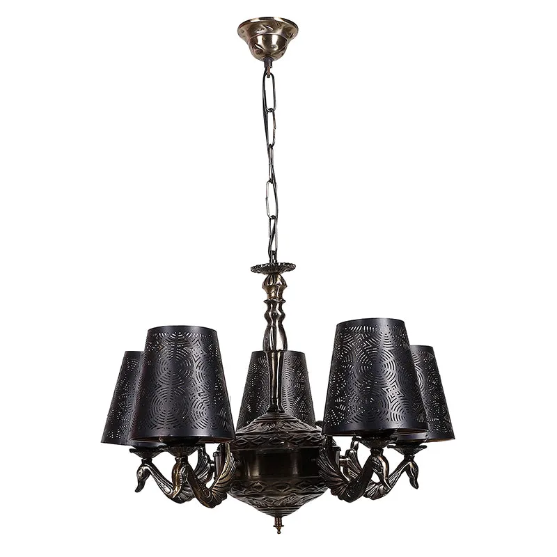 Black and antique gold ceiling lamp with etched metal shades and chain suspension