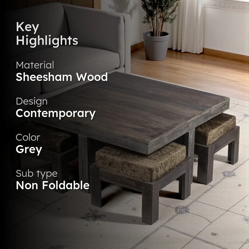 Exiron Sheesham Wooden Center Table with Stools and Cushions (Grey) - Nine Piece Set media 2