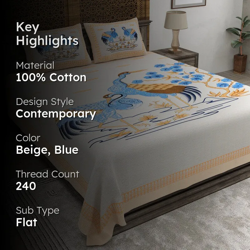 Classica Cotton Bedsheet (Beige,Blue) - 240 TC media 2