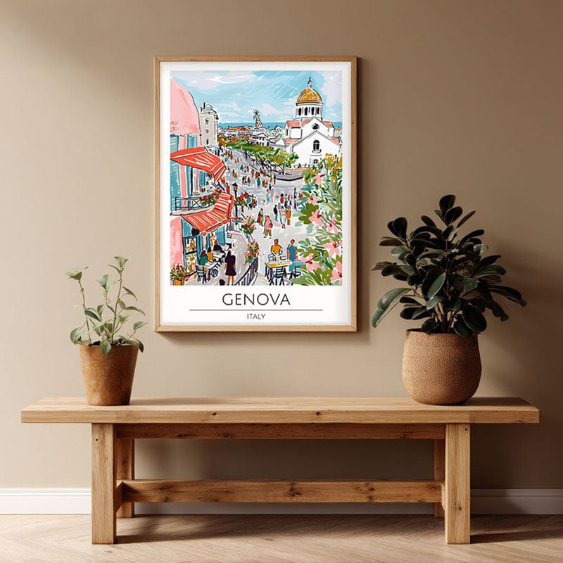 Vintage Genoa Framed Canvas Archival Canvas Wall Painting - Natural Brown Frame