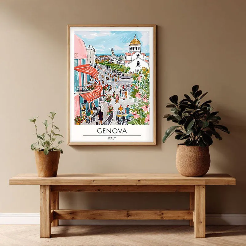 Vintage Genoa Framed Canvas Archival Canvas Wall Painting - Natural Brown Frame media 1