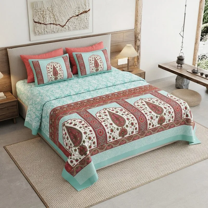 Ethnic Glow Cotton Bedsheet (Blue,Maroon) - 120 TC media 1