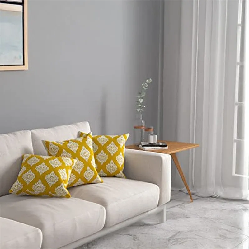 Urban Space Block Printed Yellow Cotton Cushion Covers - Set Of Three media 4