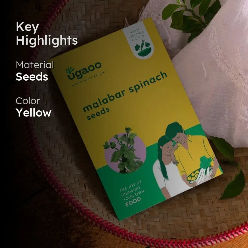 Yellow Malabar spinach seed pack with key highlights overlay