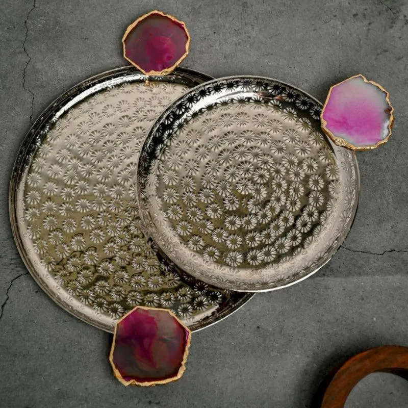 Samitha (Aluminum,Agate) Platter With Agate Decoration (Pink) - Set of Two media 3