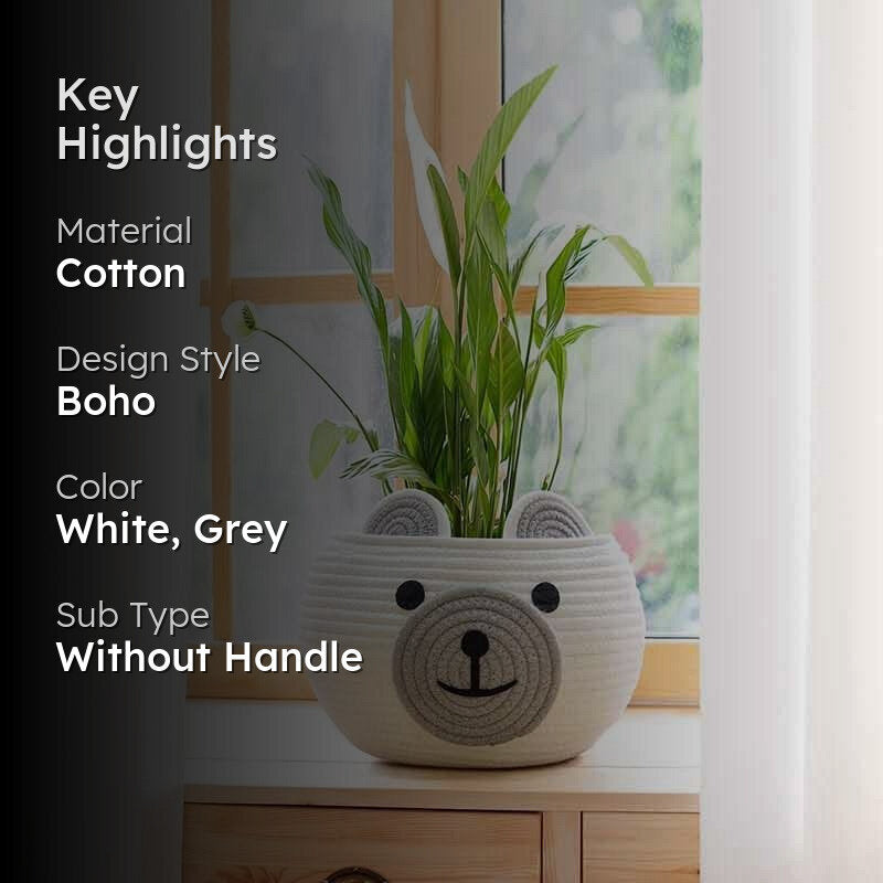 Happy Bear Multipurpose Cotton Storage Basket- White & Grey media 2