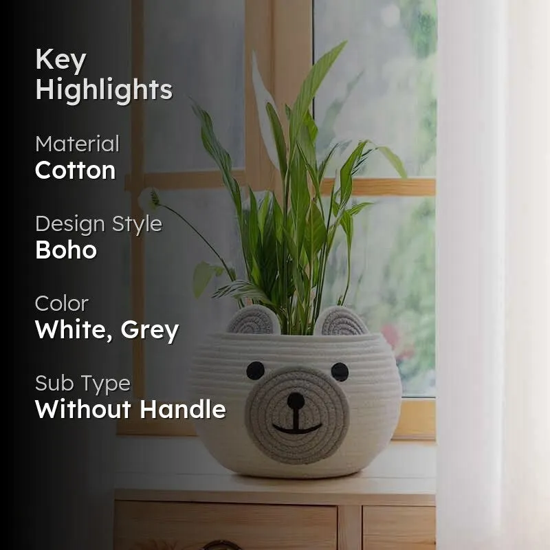 Happy Bear Multipurpose Cotton Storage Basket- White & Grey media 2