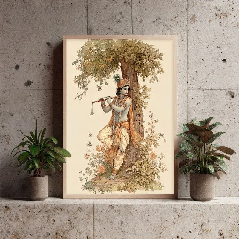 Sri Krishna Murlidhar Divine Archival Paper Wall Art - Natural Brown Frame media 4
