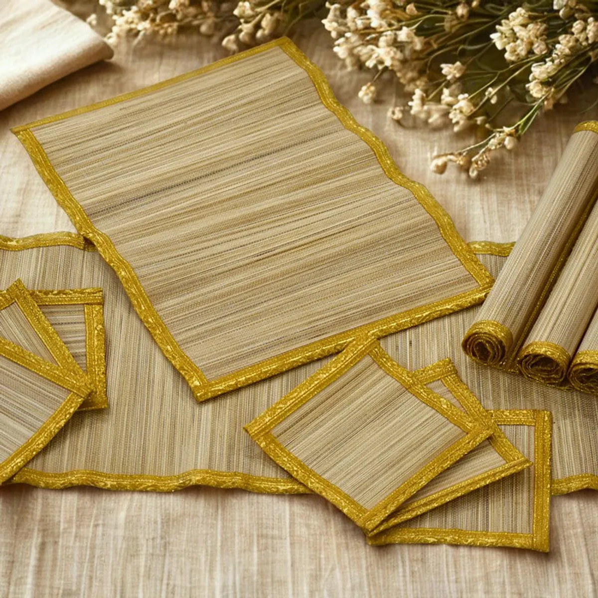 Rectangular beige table mat with zari border shown alongside rolled mats