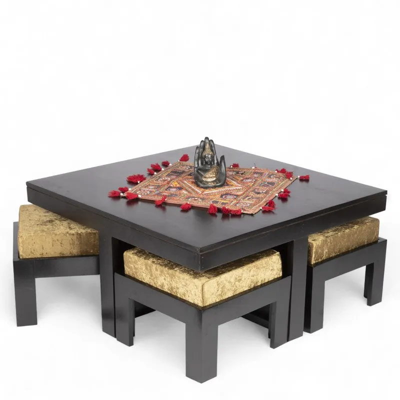 Evrino Sheesham Wooden Center Table with Stools and Cushions (Deep Brown,Gold) - Nine Piece Set media 4