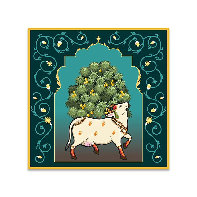 Cow In Grove Canvas Wall Painting With Frame - Gold media 5