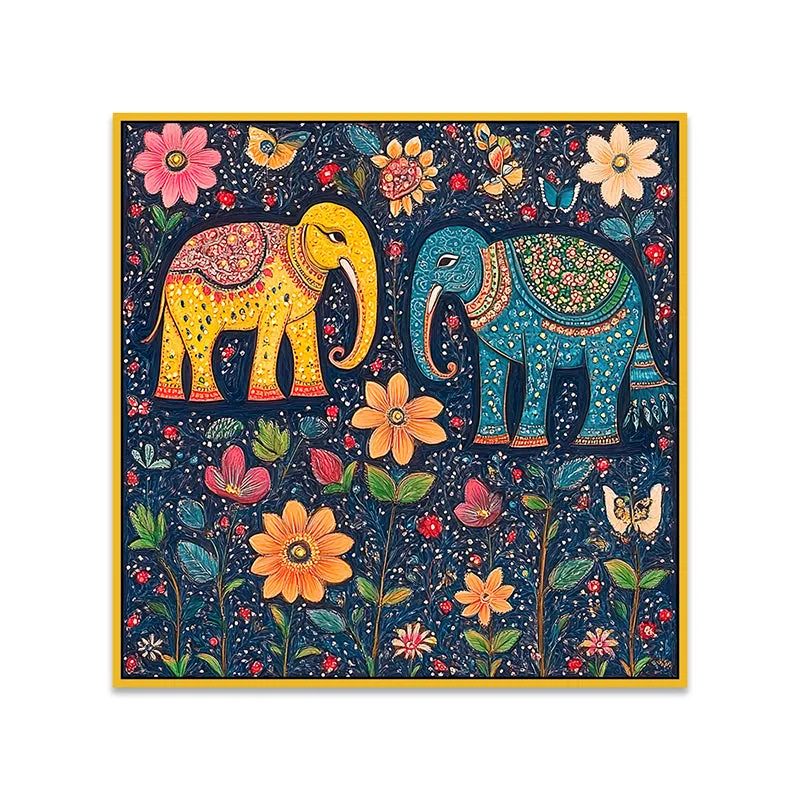 Psychedelic Haathi Canvas Wall Painting With Frame - Gold media 5