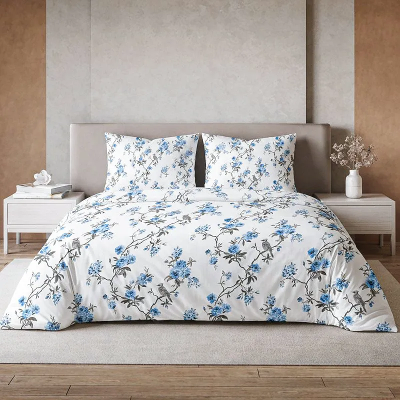 Cherry Blossom Printed Cotton Bedsheet (White, Blue) - 300 TC media 1