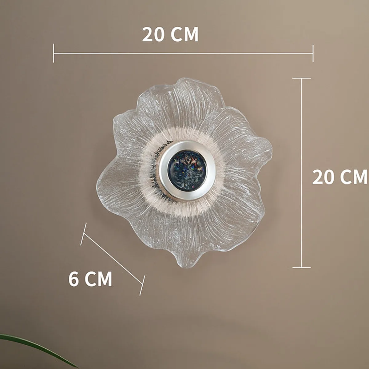 Transparent flower-shaped wall lamp shown with 20 cm width and 6 cm depth