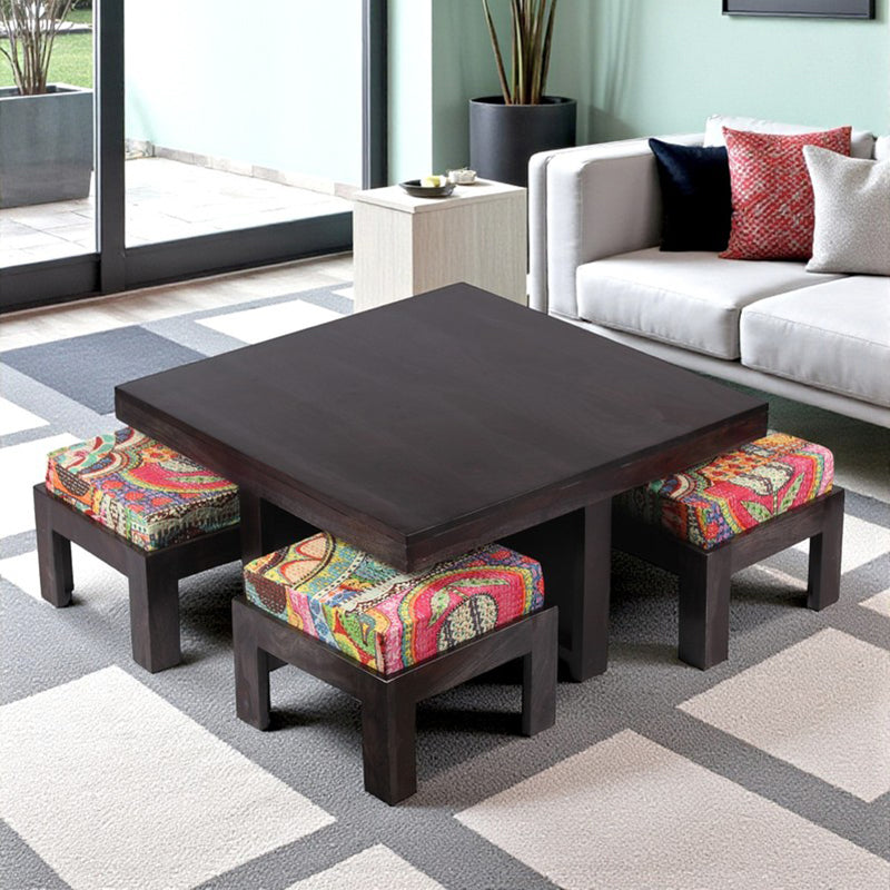 Evrino Sheesham Wooden Center Table with Stools and Cushions (Deep Brown,Multicolor) - Nine Piece Set