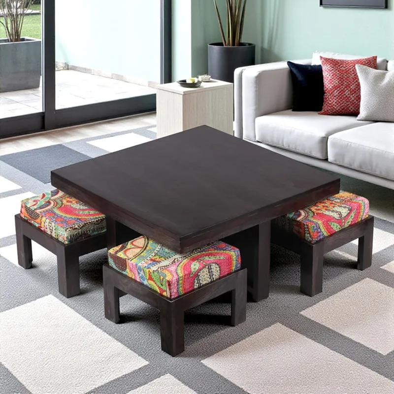 Evrino Sheesham Wooden Center Table with Stools and Cushions (Deep Brown,Multicolor) - Nine Piece Set media 1