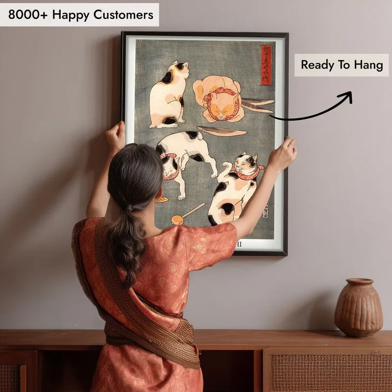 Four Cats In Different Poses Utagawa Kuniyoshi Archival Canvas Wall Painting - Black Frame media 6