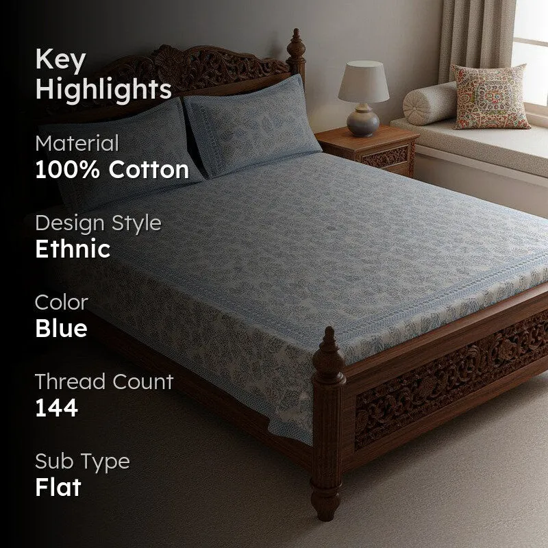 Nistara Floral Cotton Bedsheet (Blue) - 144 TC media 2