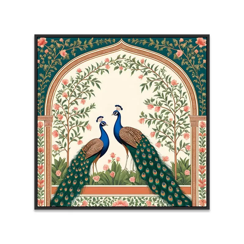Front view of square framed peacock painting with floral arch design